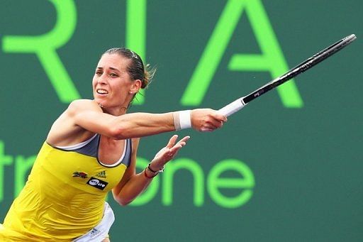 Flavia Pennetta hits a return to Johanna Larsson on March 19, 2013 at the Miami Masters