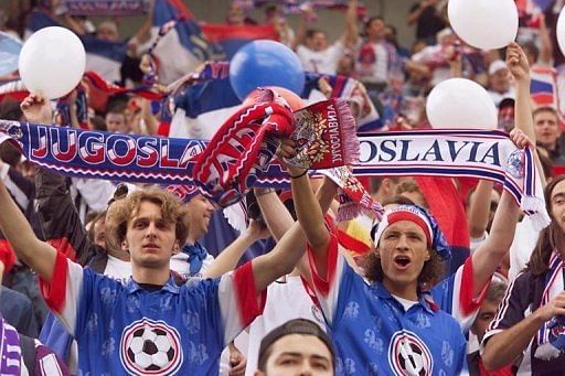 Supporters of the Yugoslavia national football team in Saint-Etienne, France before a World Cup match on June 14, 1998