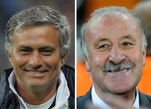 Jose Mourinho (left) in Munich on August 13, 2010 and Vicente Del Bosque in Soweto on July 11, 2010