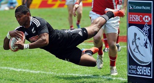 New Zealand&#039;s Waisake Naholo scores a try against Wales during the Hong Kong Rugby Sevens tournament, on March 25, 2012
