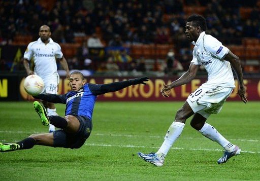 Tottenham Hotspur's Togolese striker Emmanuel Adebayor (R) is shown March 14,  2013 at the San Siro stadium in Milan