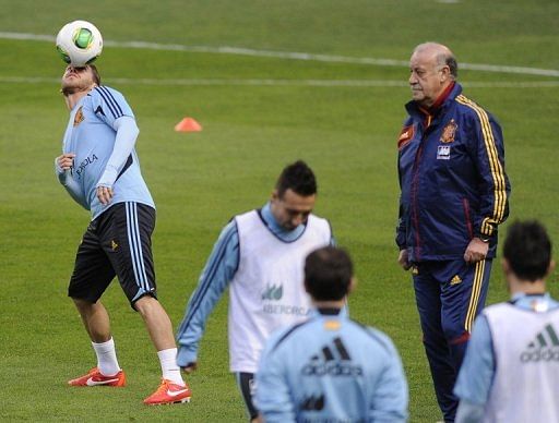 Spain players take part in a training session, March 21, 2013 at the Molinon stadium in Gijon.