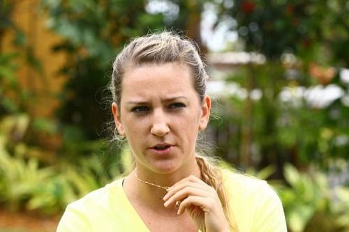 Victoria Azarenka of Belarus speaks to the media on March 19, 2013 in Key Biscayne, Florida