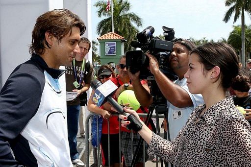 David Ferrer of Spain fields questions from the media on March 18, 2013 in Key Biscayne, Florida