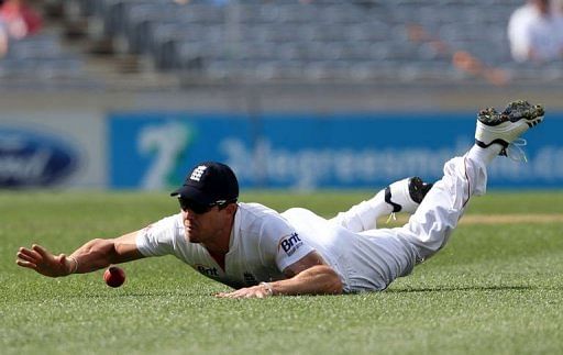 England&#039;s Nick Compton fields during day two of their 3rd Test, vs New Zealand, in Auckland, on March 23, 2013