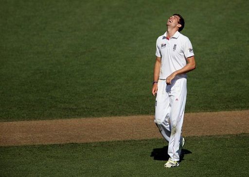 England&#039;s Steven Finn celebrates his sixth wicket against New Zealand, at Eden Park in Auckland, on March 23, 2013