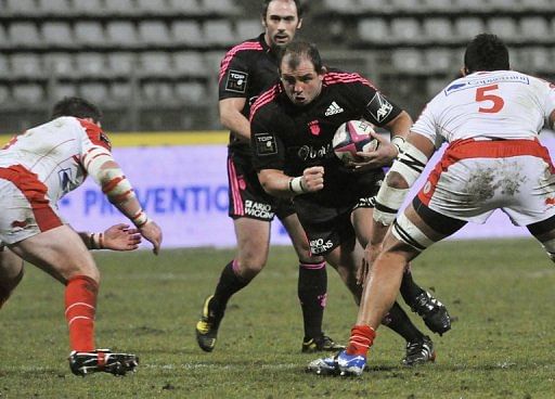 Stade Francais&#039; prop David Attoub (centre) on December 22, 2012 at the Stade Charlety stadium in Paris