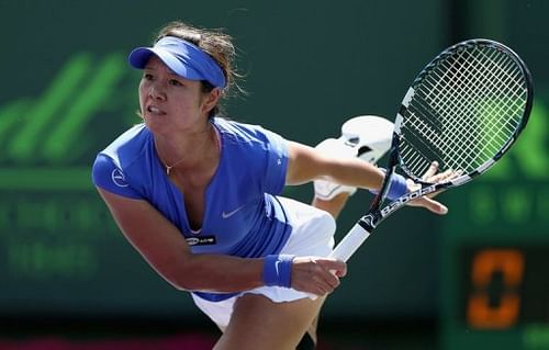 Li Na of China serves against Varvara Lepchenko on March 23, 2013 in Key Biscayne, Florida