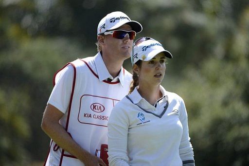 Beatriz Recari of Spain talks with her caddy during Round Three of the LPGA 2013 Kia Classic on March 23, 2013