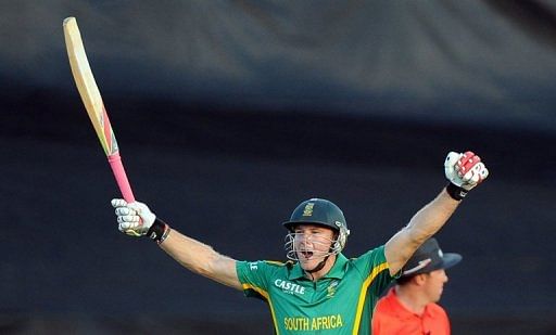 David Miller celebrates victory over Pakistan on March 24, 2013