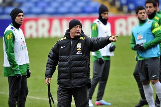 Brazil manager Luiz Felipe Scolari is pictured during their team training session at Stamford Bridge on March 24, 2013