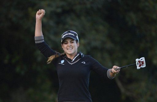 Beatriz Recari celebrates after capturing the Kia Classic for her second career LPGA Tour victory on March 24, 2013.