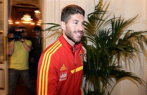 Spain&#039;s defender Sergio Ramos leaves a press conference at the team&#039;s hotel in Paris, on March 25, 2013
