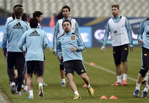 Spain train on March 25, 2013, the eve of their World Cup qualifier away at France