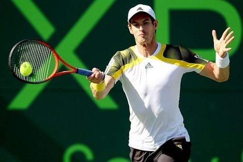 Andy Murray returns a shot to Andreas Seppi at the Miami Masters on March 26, 2013