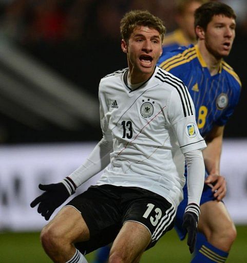 German midfielder Thomas Mueller reacts in Nuremberg, on March 26, 2013. Germany won 4-1