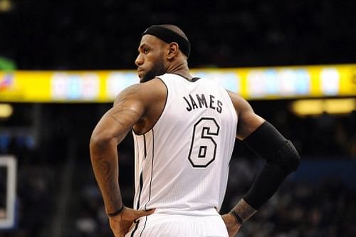 LeBron James of the Miami Heat looks off the court during a game on March 25, 2013 in Orlando, Florida