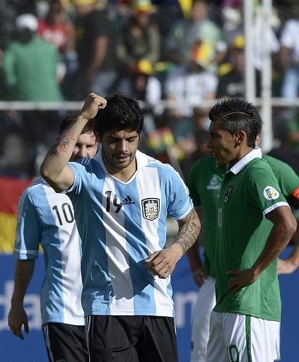 Ever Banega celebrates his goal for Argentina against Bolivia on March 26, 2013