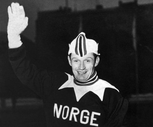 Hjalmar Andersen waves to photographers during the Winter Olympic Games on February 19, 1952 in OsloEN