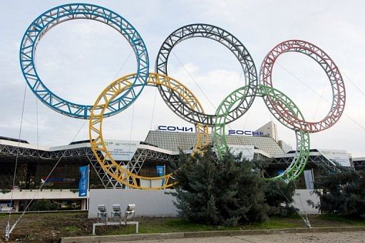 The Olympic Rings displayed outside  Sochi/Adler International Airport on February 18, 2013