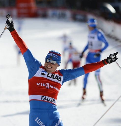 Russian cross-country skier Alexander Legkov reacts after crossing the finish line in Falun, Sweden, on March 24, 2013
