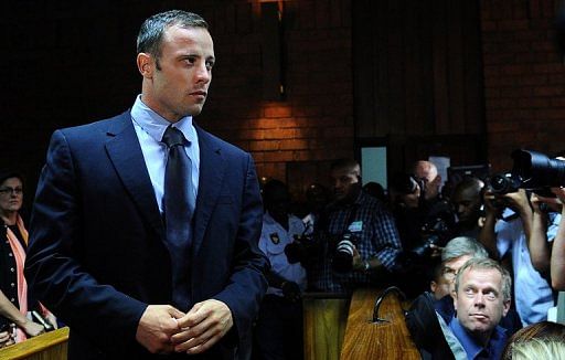 South African Olympic sprinter Oscar Pistorius appears at the Magistrate Court in Pretoria on February 22, 2013