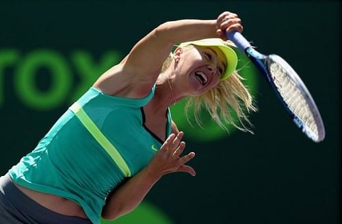 Maria Sharapova serves on March 28, 2013 in Key Biscayne