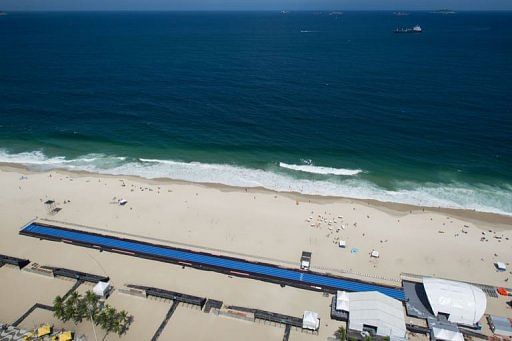 Blue straight lanes are installed on Copacabana Beach in Rio de Janerio, Brazil, on March 28, 2013