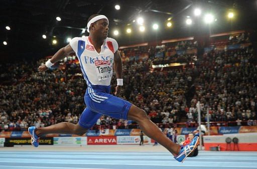 France&#039;s Teddy Tamgho competing in the men&#039;s triple jump at the Bercy Palais-Omnisport in Paris March 6, 2011