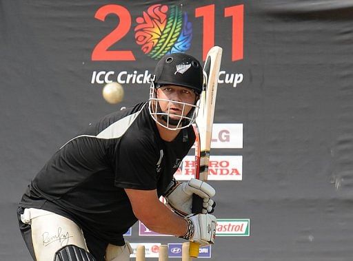 New Zealand batsman Jesse Ryder plays a shot during a training session in Colombo on March 29, 2011