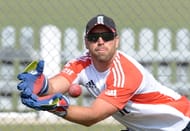 England's cricketer Matt Prior catches a