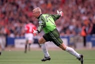 22nd MAY 1999. F.A.Cup Final. Wembley. Manchester United 2 v Newcastle United 0. Manchester United's Peter Schmeichel celebrates after Teddy Sheringham's early goal.