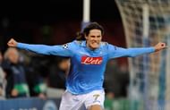 Edinson Cavani of SSC Napoli celebrates after scoring the second goal during the UEFA Champions League round of 16 first leg match between SSC Napoli and Chelsea FC at Stadio San Paolo on February 21, 2012 in Naples, Italy. (Photo by Paolo Bruno/Getty Images)
