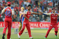 RCB player RP Singh celebrating after the wicket of KKR during the IPL match between RCB v/s KKR at Chinnaswamy Stadium,in Bangalore on Thursday 11th April 2013