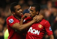 Nani of Manchester United celebrates his goal with Anderson (L) during the Capital One Cup Fourth Round match between Chelsea and Manchester United at Stamford Bridge on October 31, 2012 in London, England. (Photo by Clive Rose/Getty Images)