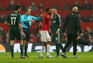 Referee Bahattin Duran sends off Nani of Manchester United during the UEFA Champions League Round of 16 Second leg match between Manchester United and Real Madrid at Old Trafford on March 5, 2013 in Manchester, United Kingdom. (Photo by Alex Livesey/Getty Images)