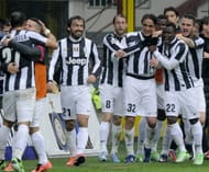 Alessandro Matri of Juventus FC #32 celebrates with team-mates after scoring their second goal during the Serie A match between FC Internazionale Milano and Juventus FC at San Siro Stadium on March 30, 2013 in Milan, Italy. (Photo by Claudio Villa/Getty Images)