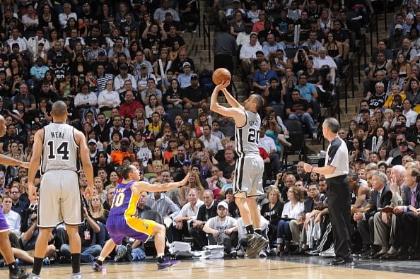 Manu Ginobili #20 of the San Antonio Spurs shoots the ball against Steve Nash #10 of the Los Angeles Lakers during the Game One of the Western Conference Quarterfinals between the Los Angeles Lakers and the San Antonio Spurs on April 21, 2013 at the AT&amp;T Center in San Antonio, Texas. NOTE TO USER: User expressly acknowledges and agrees that, by downloading and or using this photograph, user is consenting to the terms and conditions of the Getty Images License Agreement. Mandatory Copyright Notice: Copyright 2013 NBAE (Photos by D. Clarke Evans/NBAE via Getty Images)