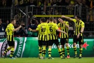 Robert Lewandowski of Borussia Dortmund celebrates scoring their fourth goal from the penalty spot with his team mates during the UEFA Champions League semi final first leg match between Borussia Dortmund and Real Madrid at Signal Iduna Park on April 24, 2013 in Dortmund, Germany. (Photo by Joern Pollex/Bongarts/Getty Images)