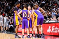 Steve Blake #5 of the Los Angeles Lakers speaks with teammates Dwight Howard #12, Steve Nash #10, Pau Gasol #16 and Metta World Peace #15 before resuming action against the San Antonio Spurs in Game Two of the Western Conference Quarterfinals during the 2013 NBA Playoffs on April 24, 2013 at the AT&T Center in San Antonio, Texas. NOTE TO USER: User expressly acknowledges and agrees that, by downloading and or using this photograph, user is consenting to the terms and conditions of the Getty Images License Agreement. Mandatory Copyright Notice: Copyright 2013 NBAE (Photos by D. Clarke Evans/NBAE via Getty Images)