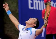 Spanish player Nicolas Almagro celebrates his victory against German player Philipp Kohlschreiber during the Barcelona Open tennis tournament Conde de Godo in Barcelona on April 27, 2013. Almagro won 2-6, 1-6.