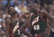 9 Feb 1997: Seattle Supersonics forward Shawn Kemp (right) and guard Gary Payton confer during the NBA All-Star game in Cleveland, Ohio. Mandatory Credit: Brian Bahr/Allsport