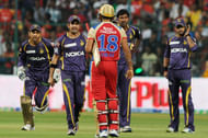 KKR skipper G Gambhir and RCB skipper Virat Kohli arguing during the IPL match between RCB v/s KKR at Chinnaswamy Stadium,in Bangalore on Thursday 11th April 2013