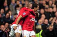LONDON, ENGLAND - OCTOBER 28: Javier Hernandez (R) of Manchester United celebrates his goal during the Barclays Premier League match between Chelsea and Manchester United at Stamford Bridge