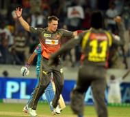 Sunrisers Hyderabad bowler Dale Steyn celebrates after fall of wicket during the match with Pune Warriors at Hyderabad on April 5, 2013. (Photo: IANS)