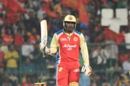 Chris Gayle in action during the match between RCB and MI in Bangalore on April 4 2013. (Photo: IANS)