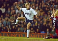 Sport. Football. pic: 6th February 1995. FA. Carling Premiership. Tottenham Hotspur 3 v Blackburn Rovers 1.Jurgen Klinsmann, Tottenham Hotspur, 1994-1997, in action as he scores for "Spurs". Jurgen Klinsman won 108 caps for Germany, a star striker, who sc