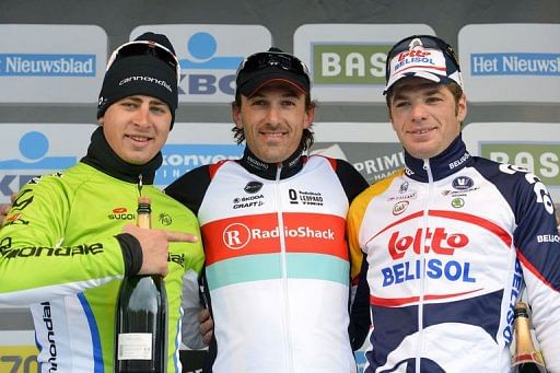 From L: Peter Sagan, Fabian Cancellara and Jurgen Roelandts pose on the podium on March 31, 2013