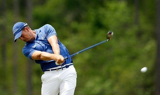 Henrik Stenson hits his tee shot on the 8th hole during the final round of the Houston Open in Texas on March 31, 2013