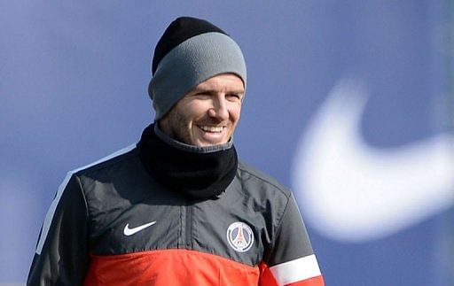 David Beckham trains on April 1, 2013 at the Camp des Loges in Saint-Germain-en-Laye, west of Paris